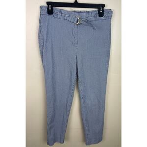 Anne Klein Black and White Pinstripe Linen Ankle Pants with Gold Buckle
